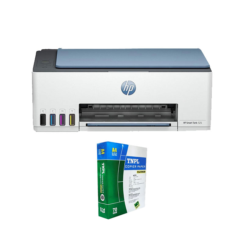 Picture of HP Smart Tank 525 All-in-One Multi-function Color Inkjet Printer  (Grey White, Ink Bottle) + A4 Sheet Bundle